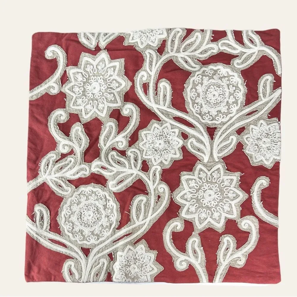 Pottery Barn Embroidered Floral Rust Orange and Cream Euro Sham Pillow Case